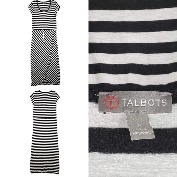 Talbots Maxi Dress Stretch Short Sleeve Size Medium M Striped Black White - Picture 1 of 8